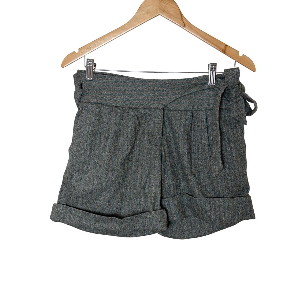 Tori Nichel Gray Teal Herringbone Stripe High Waist Tie Belt Cuffed Shorts 4